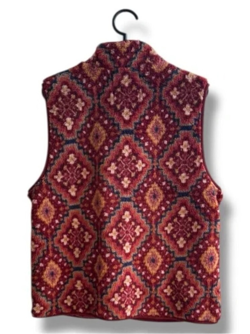 NWT Lucky Brand Sherpa Fleece Vest Boho Aztec Ikat Print Burgundy Size S $119 - Picture 2 of 3